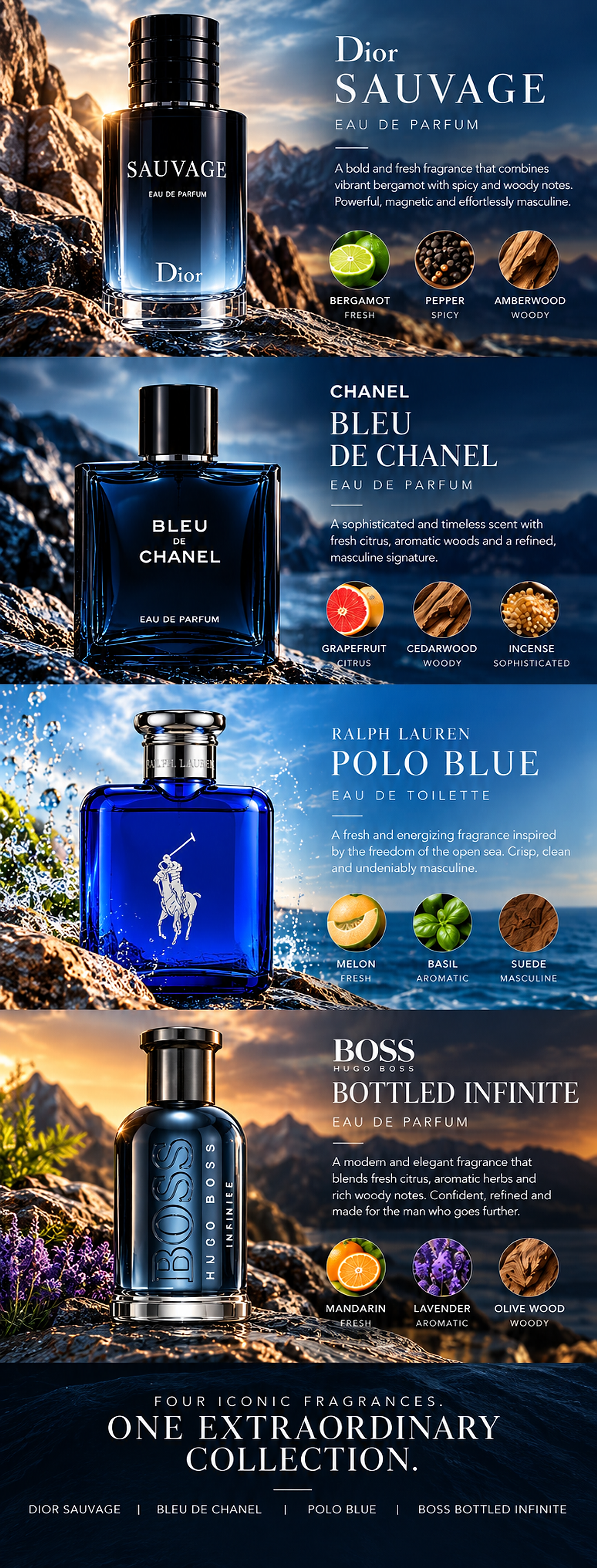 Four iconic fragrances: Dior Sauvage, Bleu de Chanel, Polo Blue and BOSS Bottled Infinite